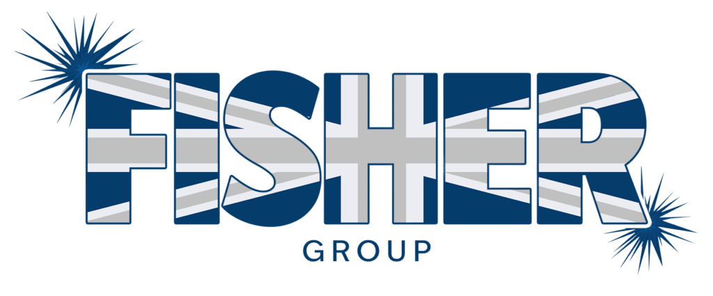 Fisher Group logo in navy and silver with bold “FISHER” lettering and starburst accents.